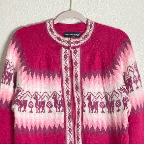 Alpaca Connection Pink Llama Fair Isle  Full Zip Cardigan Sweater M Alpaca Wool - Picture 2 of 11